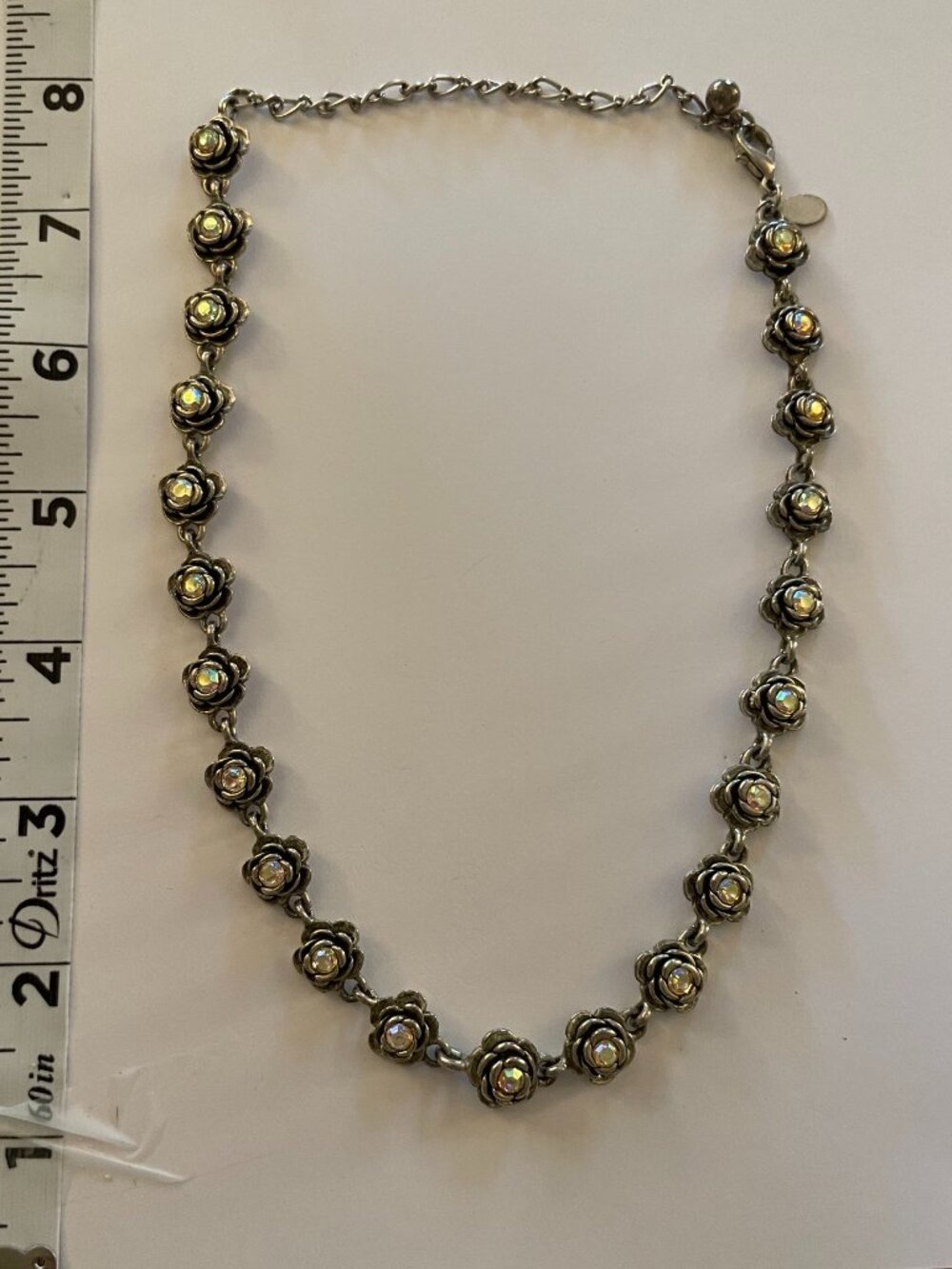 Vintage Necklace Flower Rhinestone Retro 42 grams 18" Patina Silver Floral